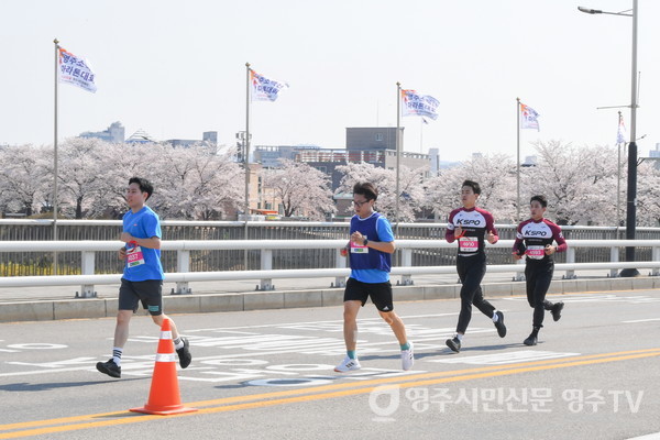 벚꽃이 핀 영주시가지를 달리는 선수들 모습