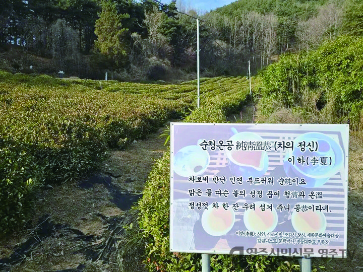최북단 차밭 화진포산악다원 입구의 이하 시인 시판